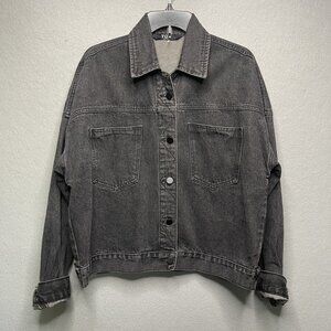 Tov Noir Womens Fringe Back Gray Denim Jacket Size 38 Button-Front